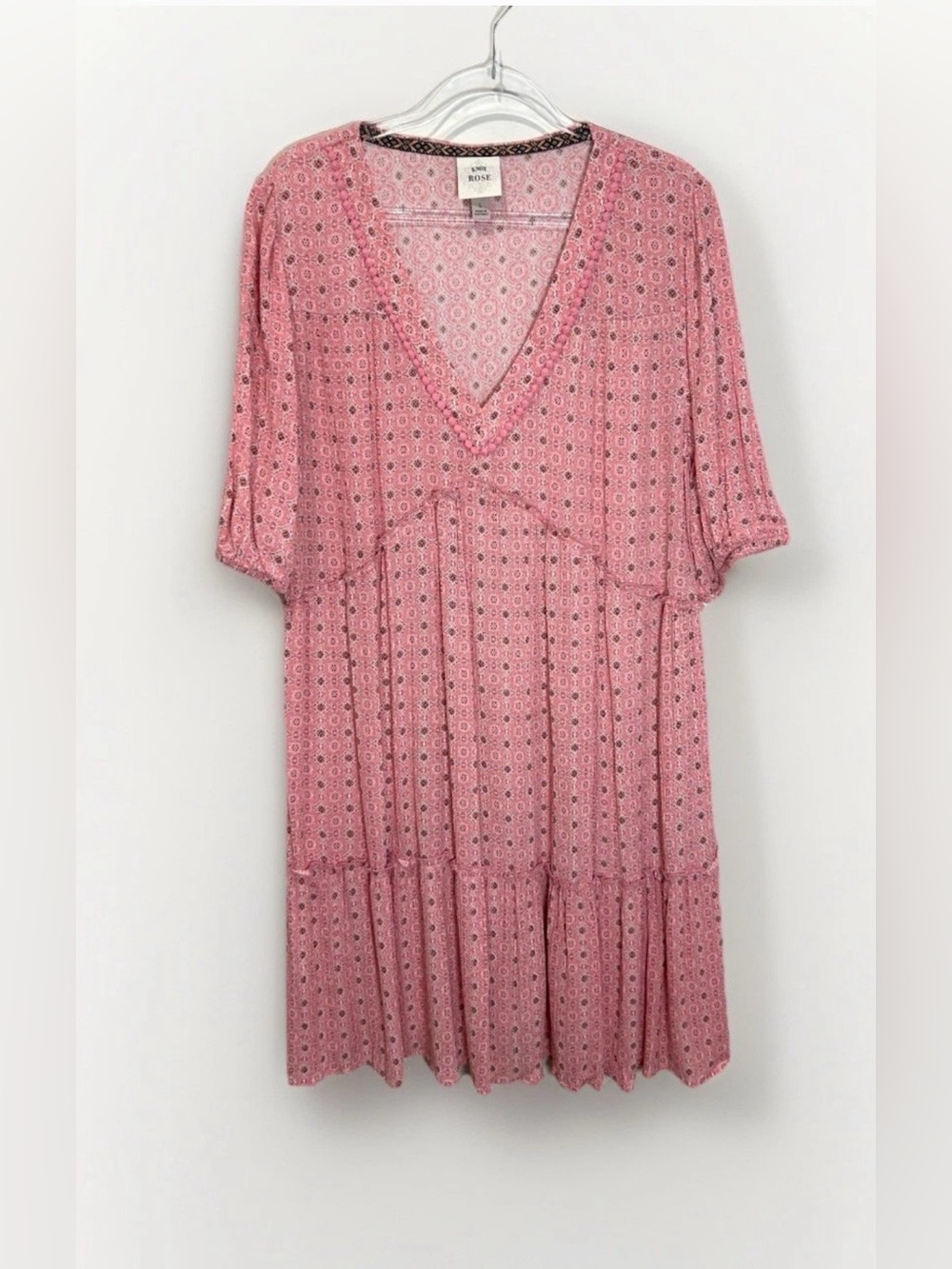 Knox Rose Dress Women L Tiered Peasant Pink Puff Sleeves Cottagecore Boho Geo